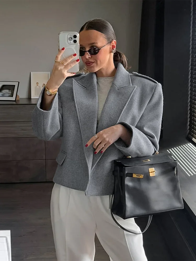 ソリッドウール混紡ラペルカラーブレザー レディース ドロップショルダー オーバーサイズ 2025 秋 シック ショートコート ファッション エレガント オフィスレディージャケット