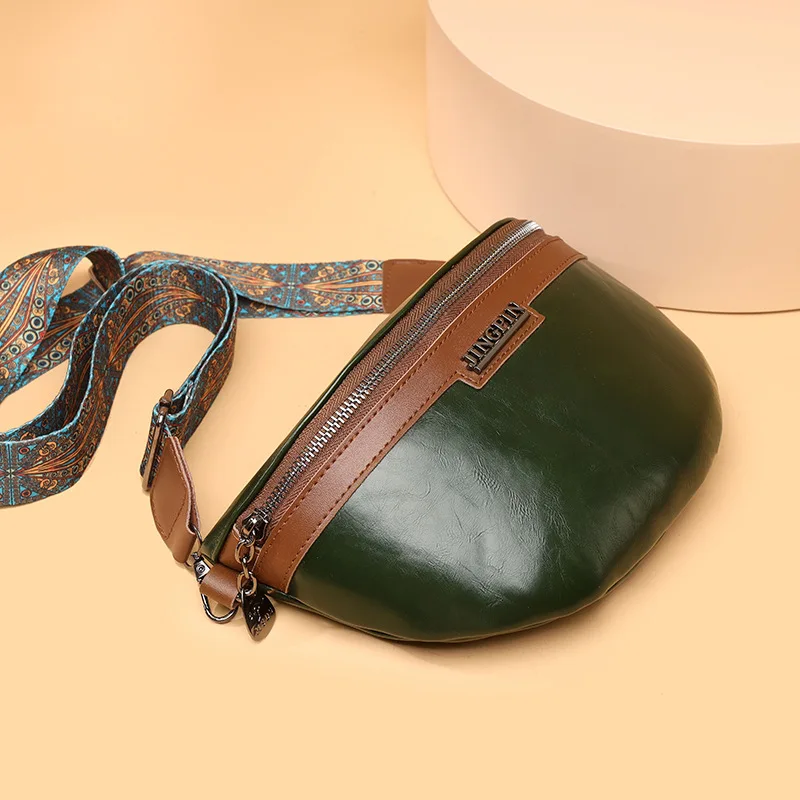 Elegant Contrast Colour PU Leather Waist Bags For Women 2023 Vintage Fanny Pack Ladies Waist Pack Wide Strap Crossbody Chest Bag