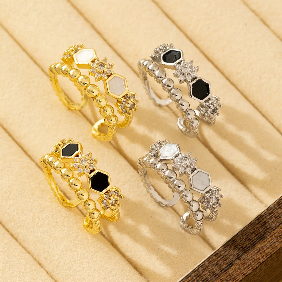 

Women's Adjustable Copper Inlaid Diamond Ring with DoubleLayer Honeycomb Hexagonal Opening Zircon Detail Mother Day Jewelry Gift