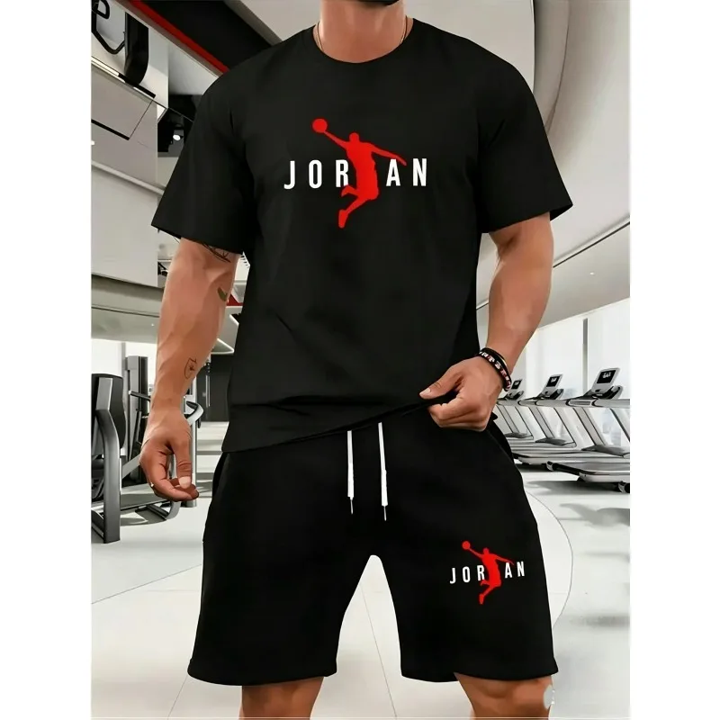 

New Trendy Business Summer Men's Sports Set Casual Fitness Jogging Basketball Fashion Short Sleeve T-shirt + Shorts 2 Sets