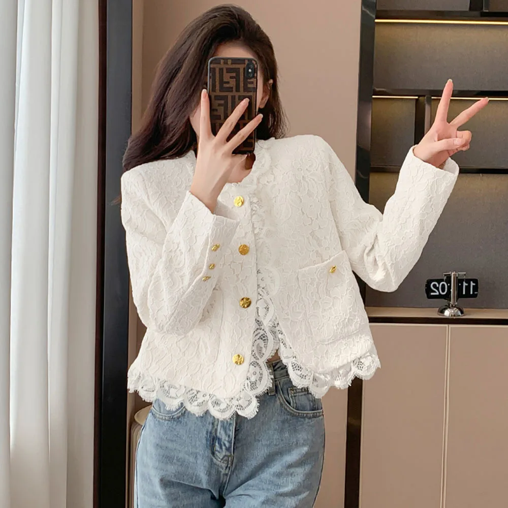 Elegant Lace Patchwork Jacket Womens Single Breasted Coats Lady France Retro Chic Outerwear Streetwear Casual Fashion Clothing