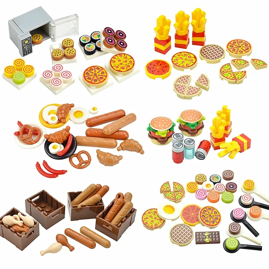 Hamburger Fries Bread Pizza Cake Dessert Food Chocolate Fish Cookies City Mini Food Toys Building Blocks MOC Bricks Kids Gift