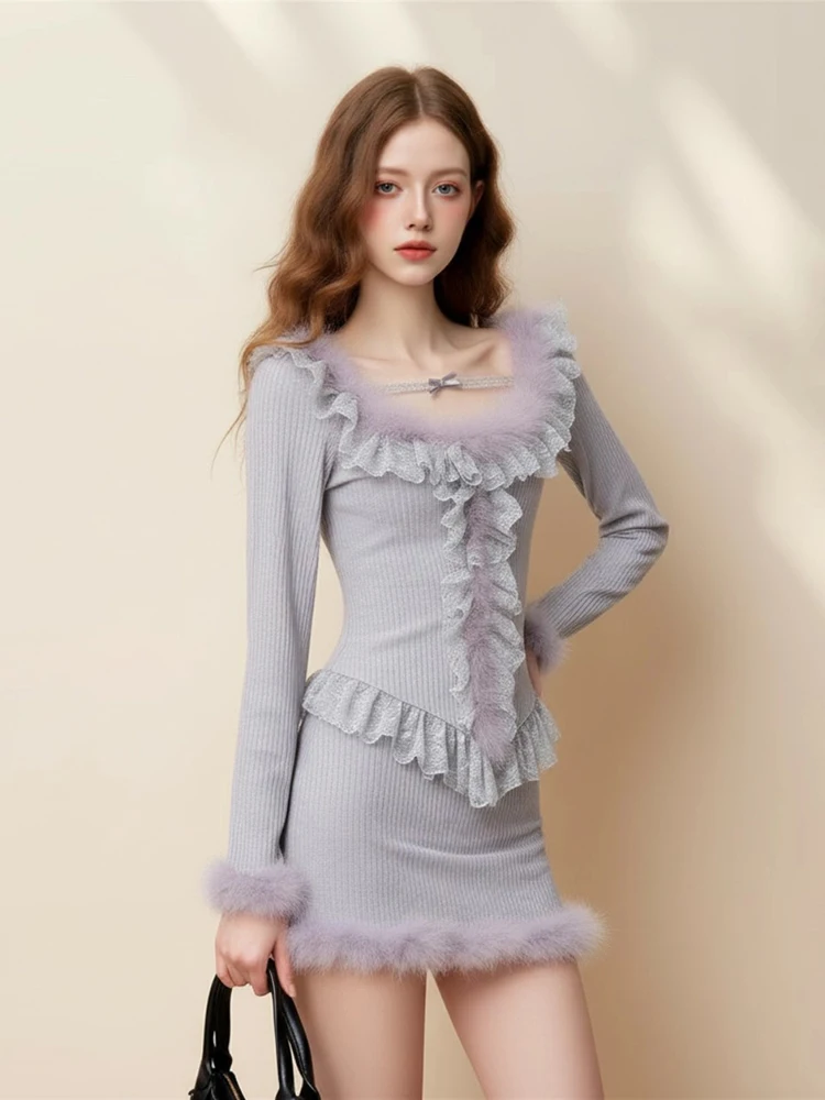 REDDACHiC Furry Trim Knit Top Skirt Set Patchwork Lace Long Sleeve T-shirt Mini Bodycon Skirt Fall Winter Cutecore Women Clothes