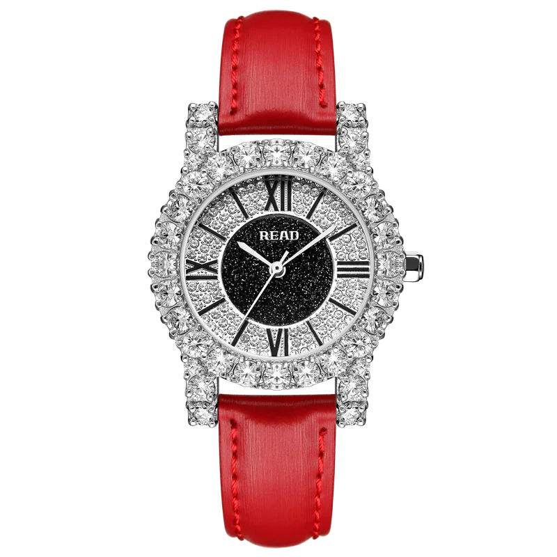 READ Ladies Quartz Watch | Red PU Band | Star‑Spark Dial | Roman Numerals | Decor Bezel | 30M Daily Water Resistant