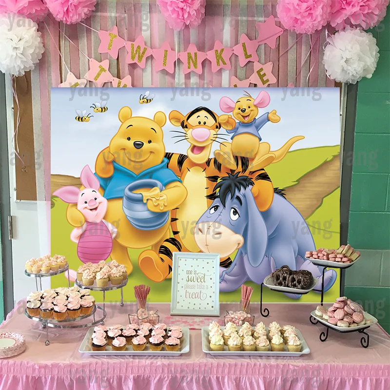 صورة خلفية لحفلات ديزني كارتونية ويني ذا بو ، لوحة جدارية لطيفة ، شعار خنازير صغير مخصص للاستحمام في الهواء الطلق ، خلفية لأعياد الميلاد
