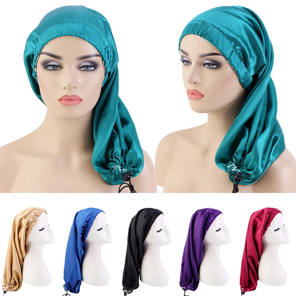 

Long Bonnet with Elastic Satin Hair Band Silky Bonnets for Sleeping with Wide Elastic Band Headwrap Turban Women Night Hat Scarf
