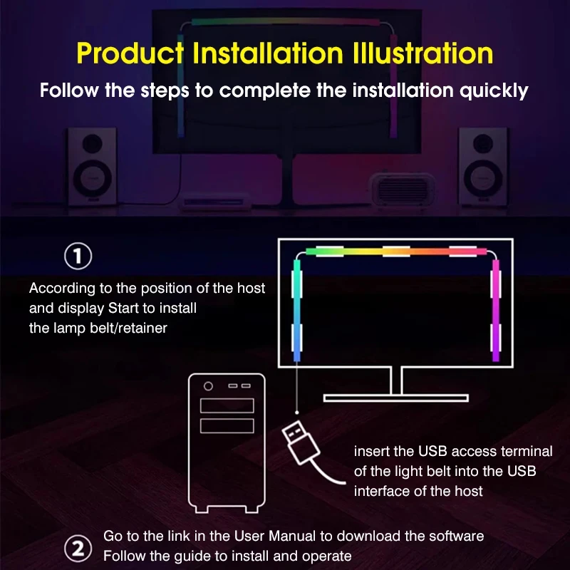 Luz de fundo led de sincronização de monitor de computador rgb com adesivo, luz de tira de ritmo de pc de imersão para decoração de sala de jogos,