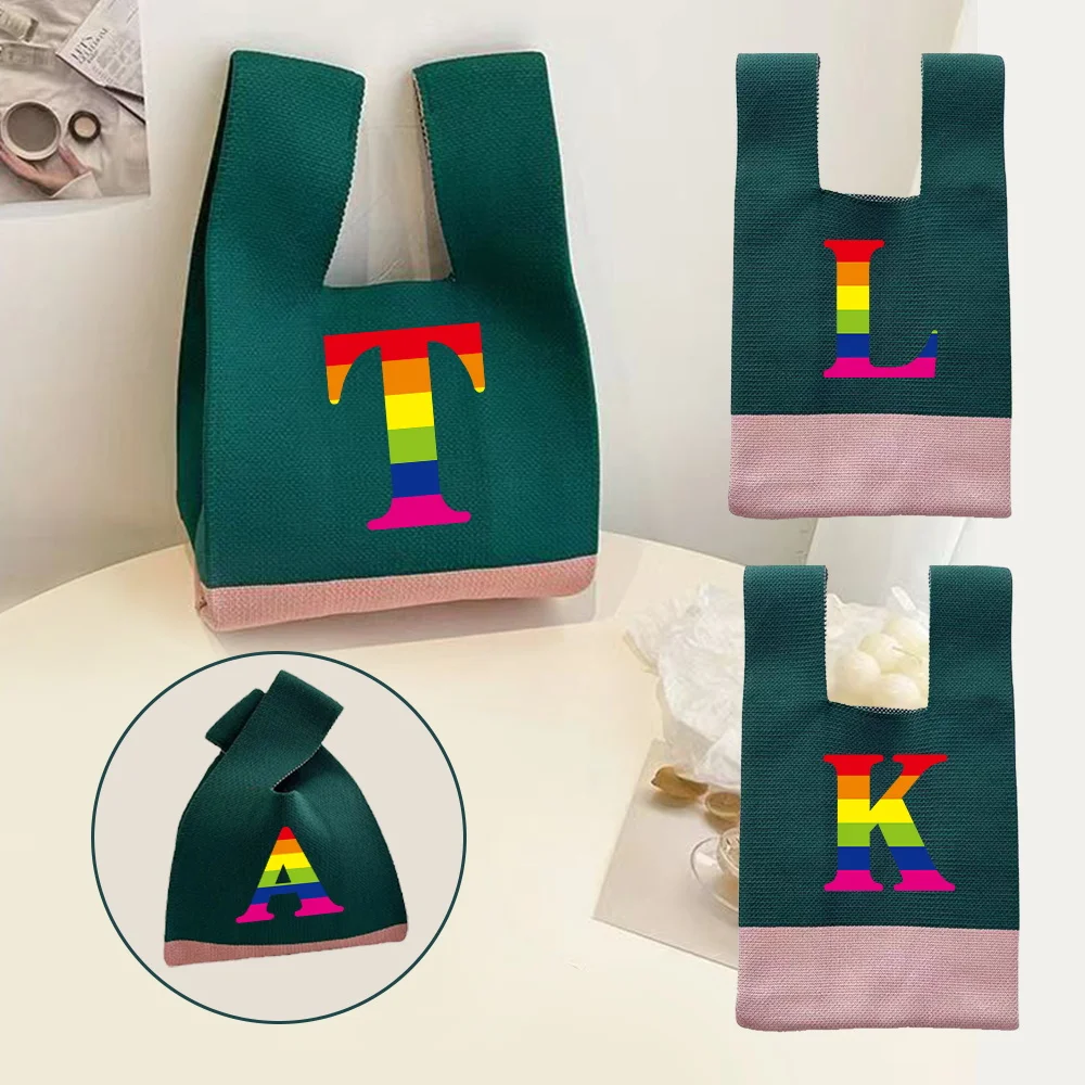 Bolso de mano de punto, bolsas de mano para muñeca, bolsa de almacenamiento con nudo tejido, bolso portátil, serie con estampado de arco iris, bolsos de gran capacidad