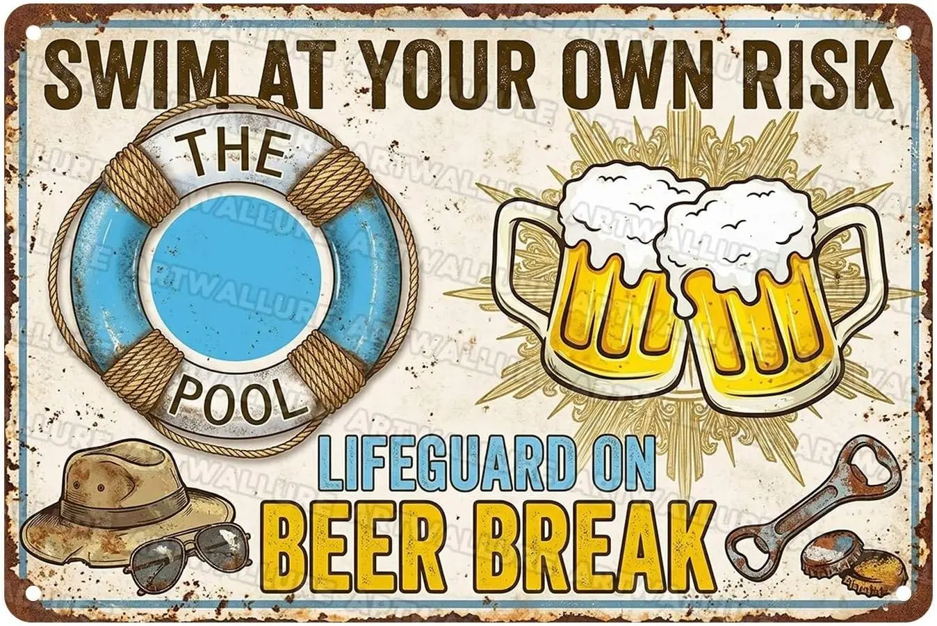 Funny Pool Metal Sign Lifeguard On Beer Break Funny Tin Sign for Poolside Patio Home Bar Outdoor Backyard Wall Art Wall Decor --