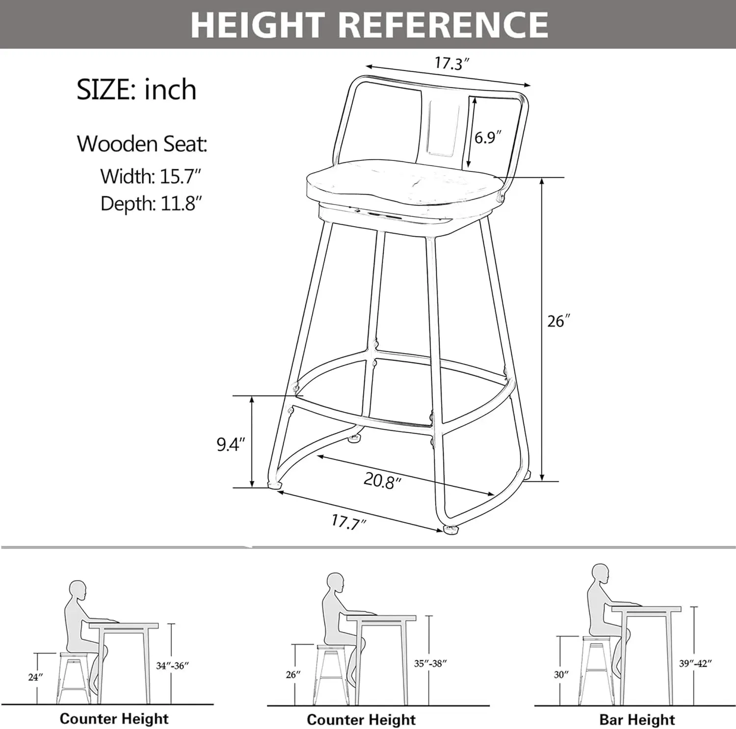 26" Swivel Bar Stools with Backs Set of 2 Metal Counter Height Stools with Wooden Seat Industrial Bar Chairs