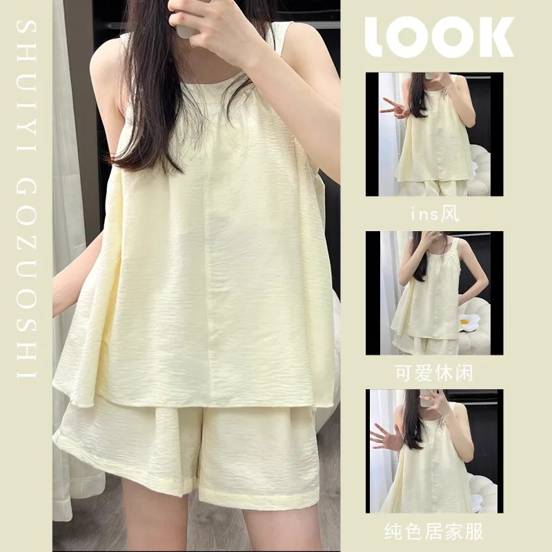 

Sexy Nightwear Women Camisole Pajamas Simple Solid Tops Shorts Ladies Sleepwear Loungewear Plus Size Homewear Two-Piece Set