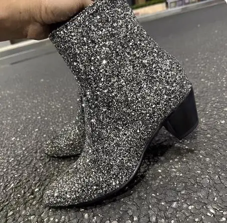 British Style Sliver Bling Glitter Sequined Med Heels Chelsea Boots Man Pointed Toe Zipper Side Height Increasing Ankle Boots