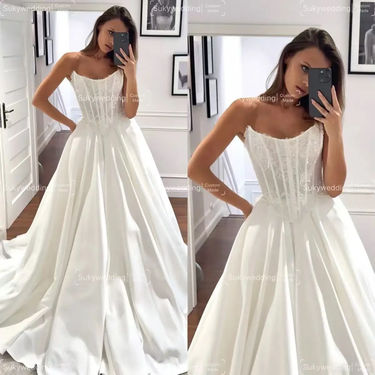 Modest Basque Waist Wedding Dresses Sleeveless Lace Appliques Satin Strapless Bone Bodice Country Wedding Dresses Customized