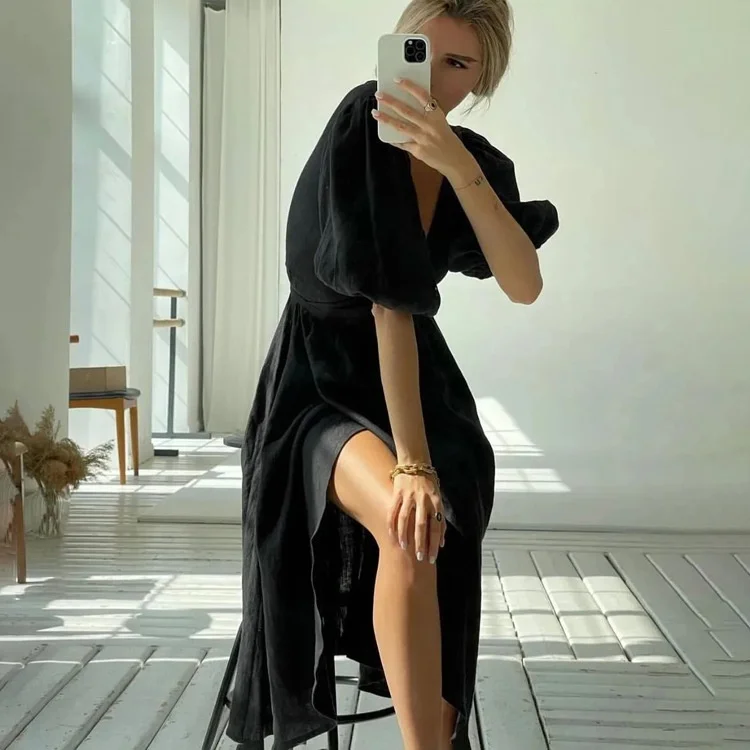 Ele High Waist  Color Women's Dr with Sa And Slit Bubble Sves Long V-Ne A-Line Summer Polyester Gown