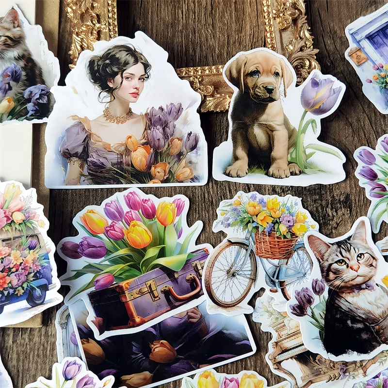 

Милые европейские аристократические тюльпаны, кошки и собаки, мультяшные наклейки для журнала, дневника, украшения для скрапбукинга, стационарный журнал