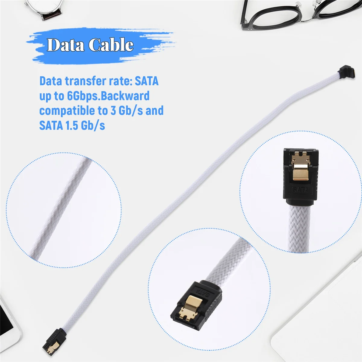 كابل بيانات 50 سم SATA 3.0 III SATA3 7pin بزاوية قائمة 6 جيجابايت/ثانية كابلات SSD سلك بيانات القرص الصلب HDD مع أكمام من النايلون (أبيض)