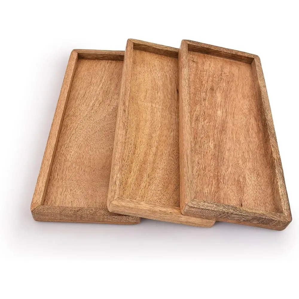 Set of 3 Mango Wood Serving Platters with Raised Edges for Fruits, Snacks, Appetizers, and Sushi - 12 x 5 x 0.75