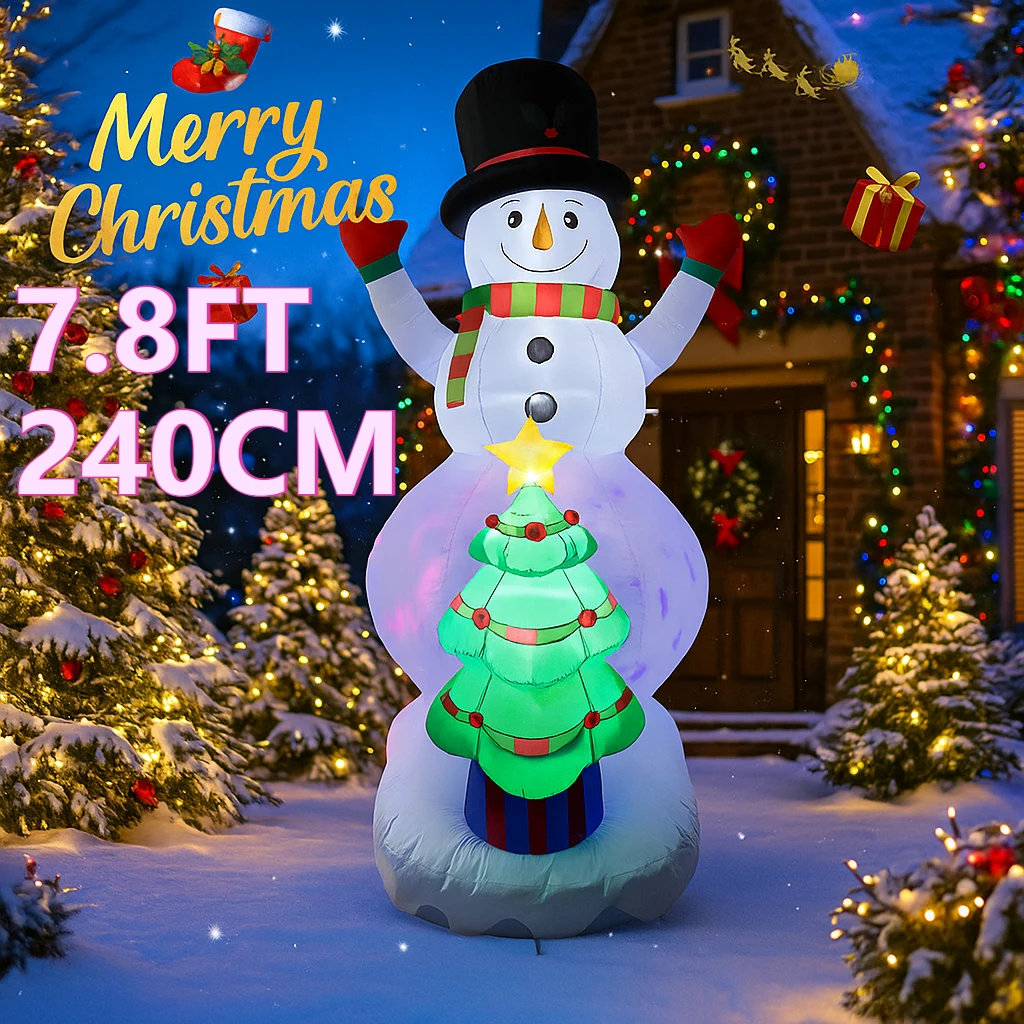 2.4M/7.8FT Holiday Lighting Decor LED Inflatable Yard Xmas Snowman Christmas Tree Home Ornament Festive Gift Supplies Decoration