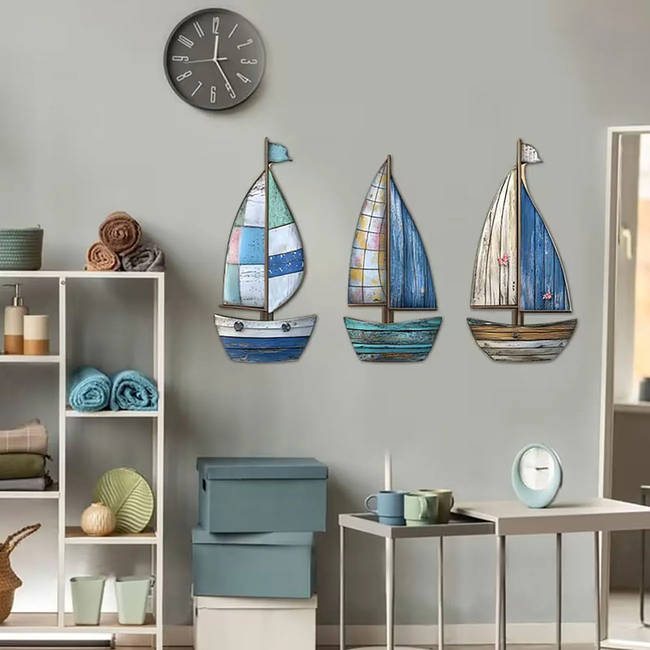3Pcs Rustic Sailboat Wooden Wall Decor with Nano Tape, Coastal Nautical Wall Art - view 2