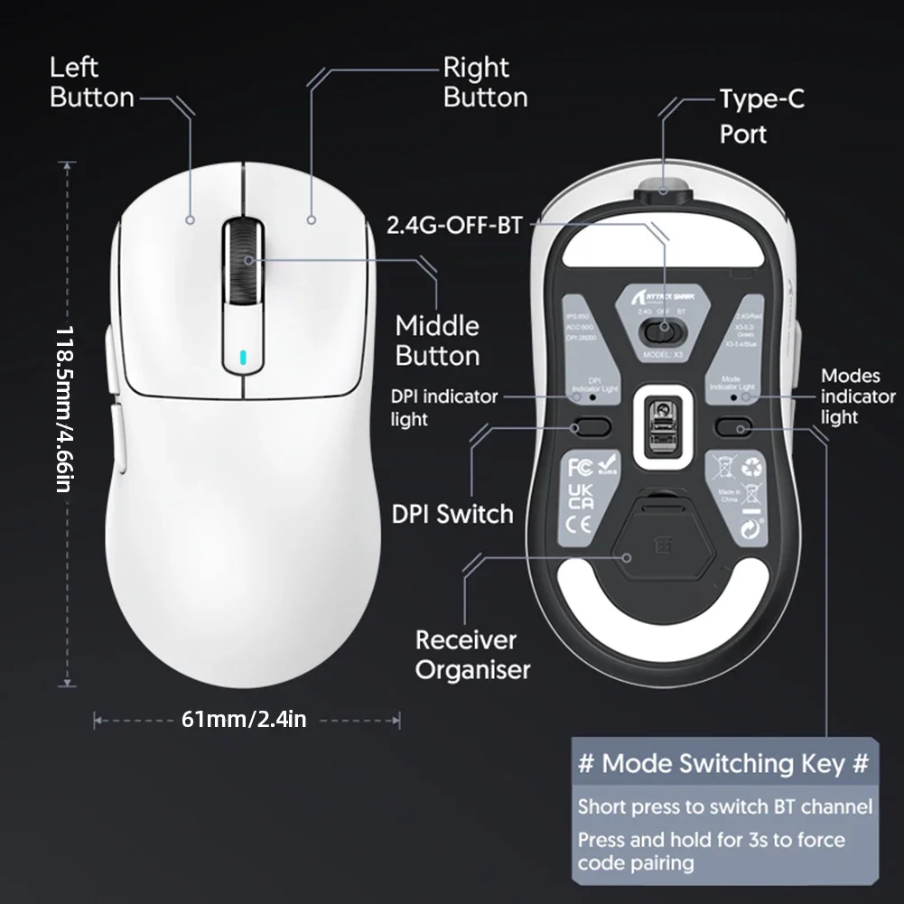 هجوم القرش X3 ماوس ثلاثي Mdoe Paw3395 بلوتوث لاسلكي 2.4G ماوس سلكي ألعاب ملحق للكمبيوتر الكمبيوتر رجل الألعاب الفئران الهدايا #5
