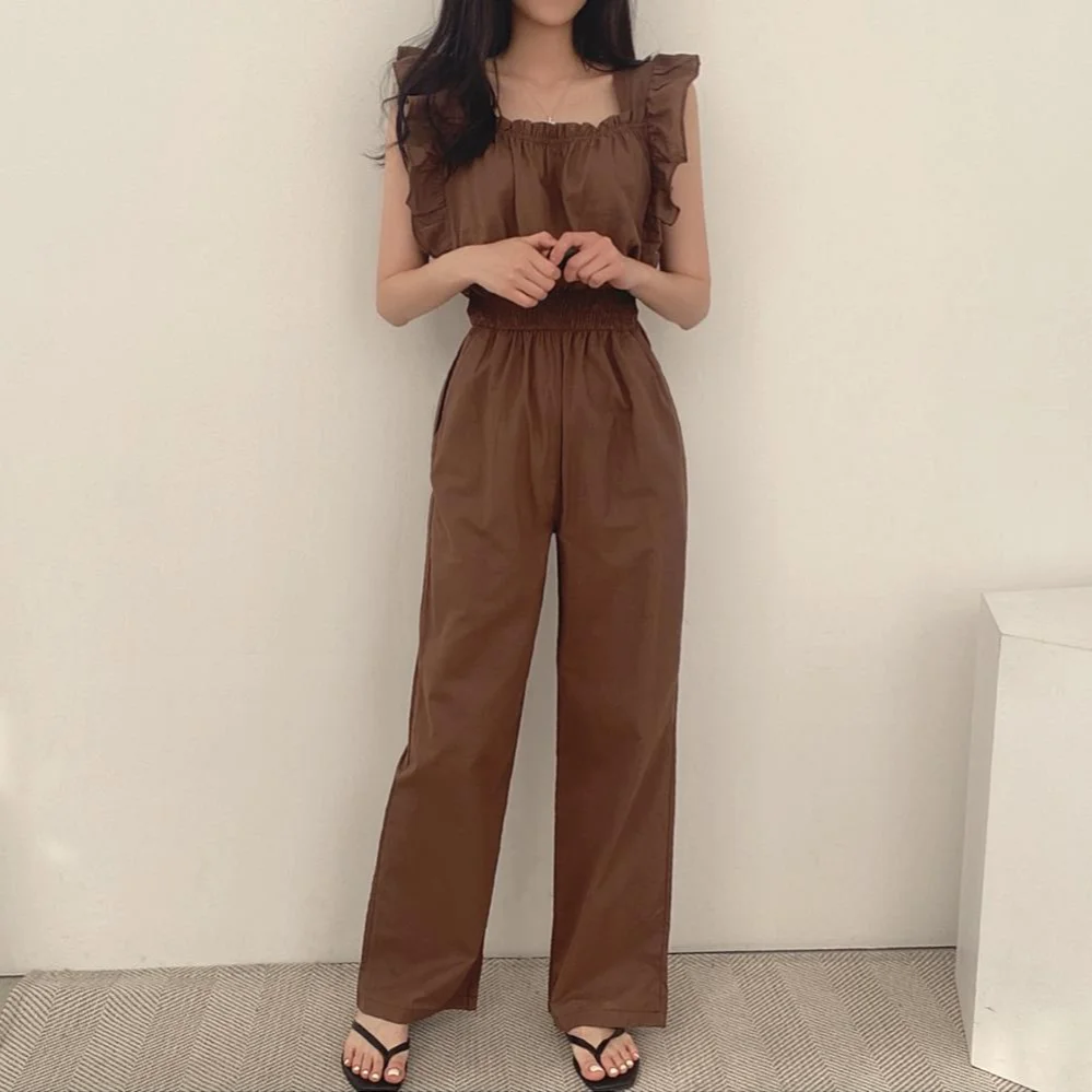 Jumpsuits ผู้หญิง Ruffles Design Elegant COZY แฟชั่นเกาหลีอินเทรนด์ Streetwear Elastic High เอว Retro ฤดูร้อน Chic ความงาม OL