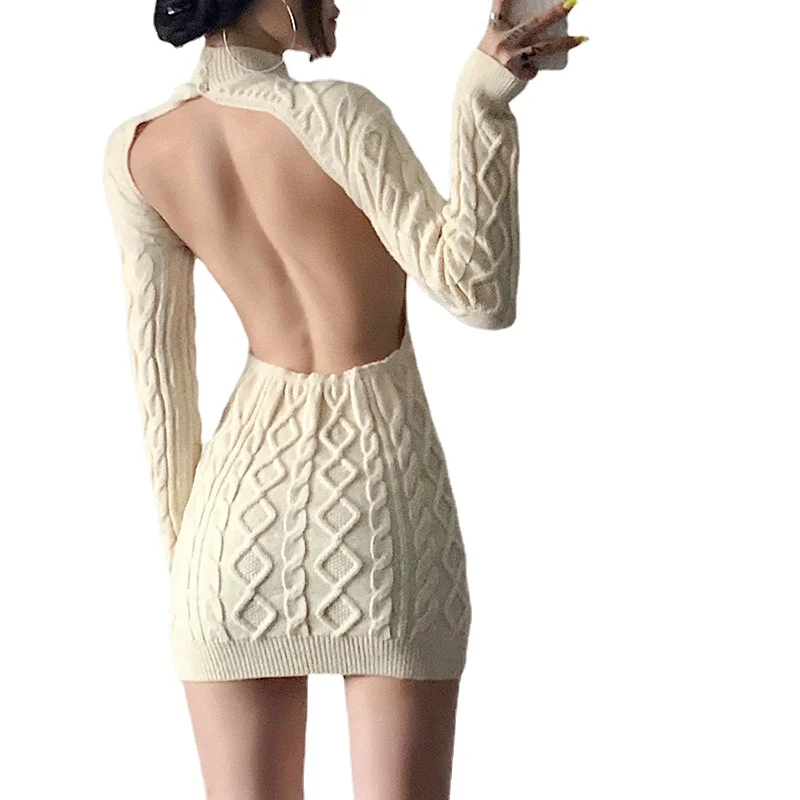 

2023Retro Backless Long Sleeved Buttocks Wrapped Dress Long Sweater Women's High Neck Tight Fitting Versatile Sexy Knitted Skirt