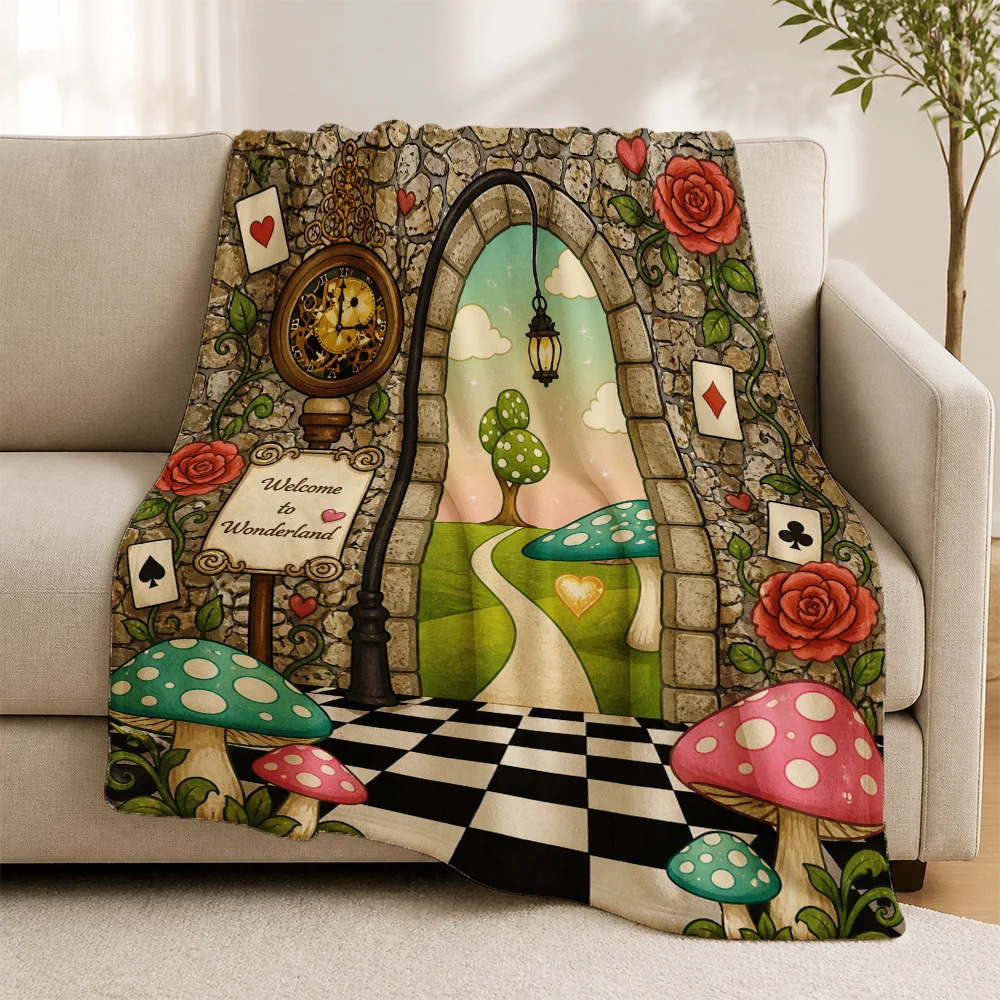 Whimsical Wonderland Throw Blanket Mushroom Playing Card Sofa Cover Cottagecore Boho Picnic Gift Home Decor Accent