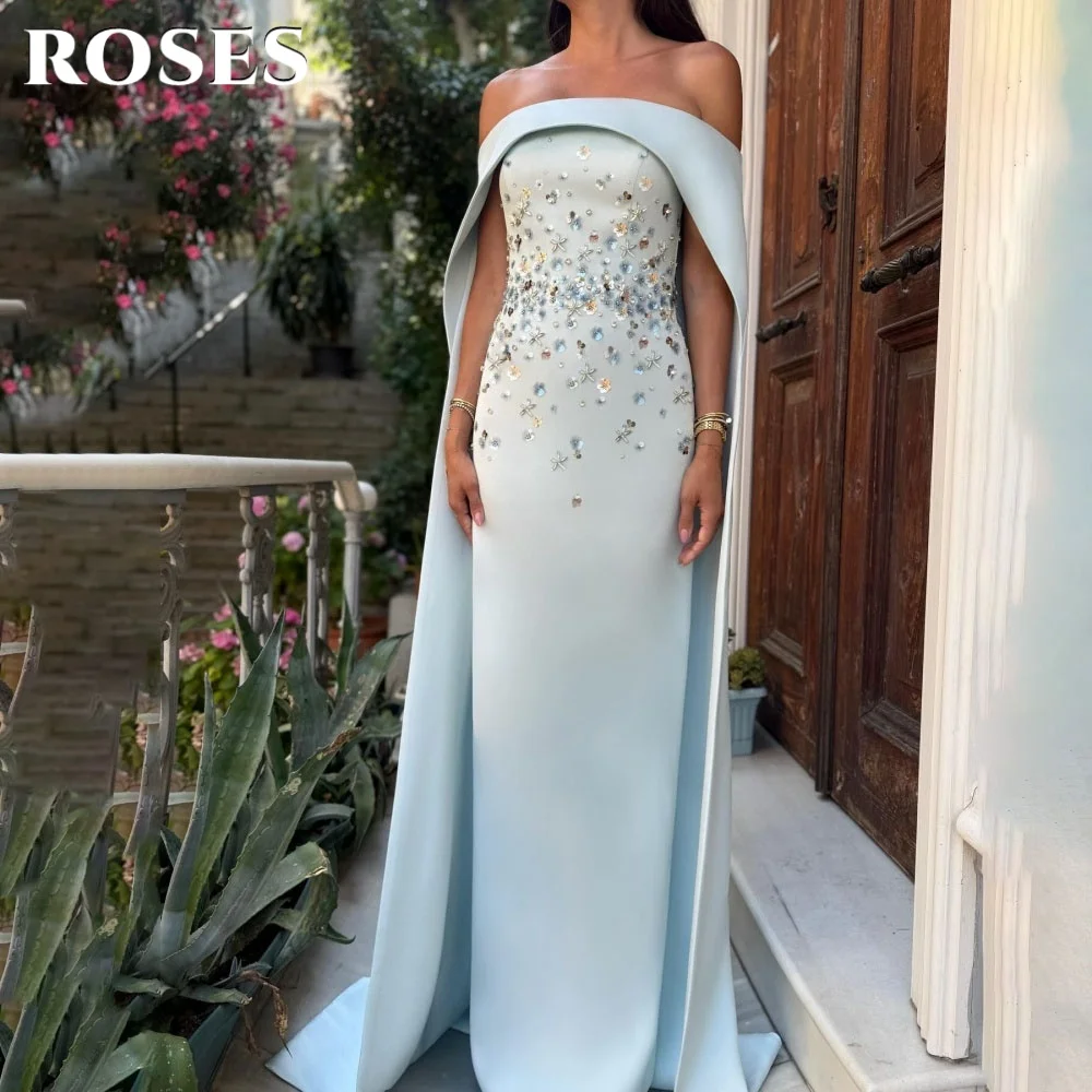

ROSES Sky Blue Prom Dress Off Shoulder فساتين السهرة Formal Party Dress Sequins Embellishments Gala Dress Customized