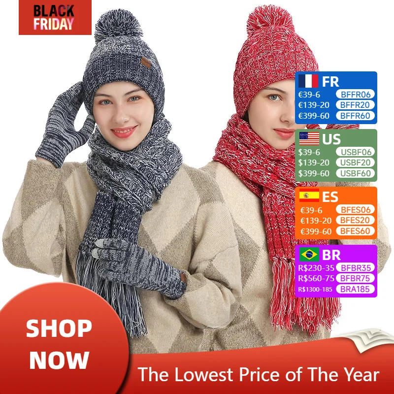 Autumn Winter Fashion Trend European American Colorful Knitted Thickened Hat Scarf Touch Screen Glove Warm Three Piece Set Gift