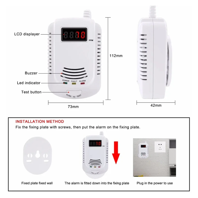Gas Detector, Gas Alarm Sensor Methane Propane, Gas Leak Detector LCD Security, EU Plug