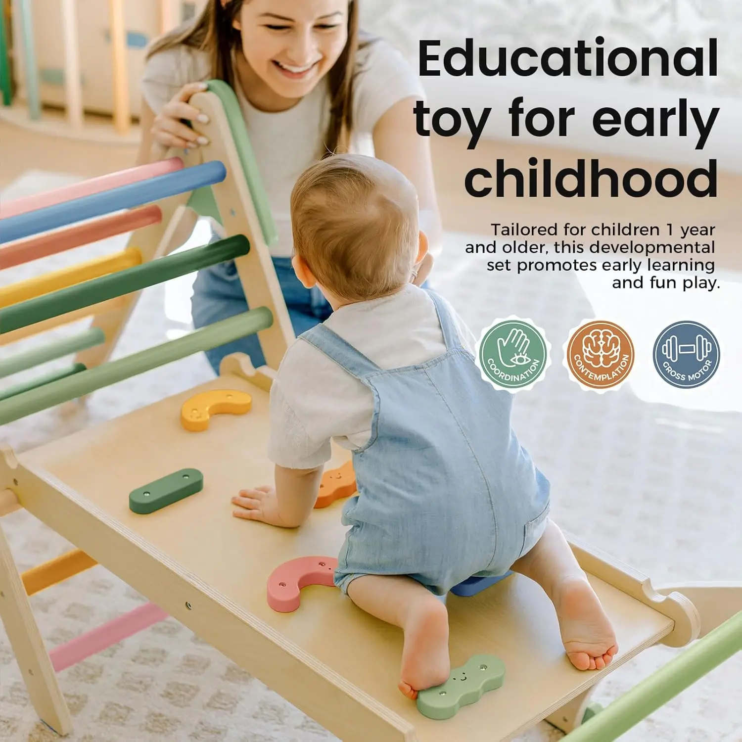 Zestaw Trójkątów Pikler, Składany Montessori 7w1 Zabawki do Wspinaczki dla Niemowląt do Użytku Wewnętrznego, Drewniana Placówka Zabaw Jungle Gym dla Dzieci, Prezent dla Wspinacza