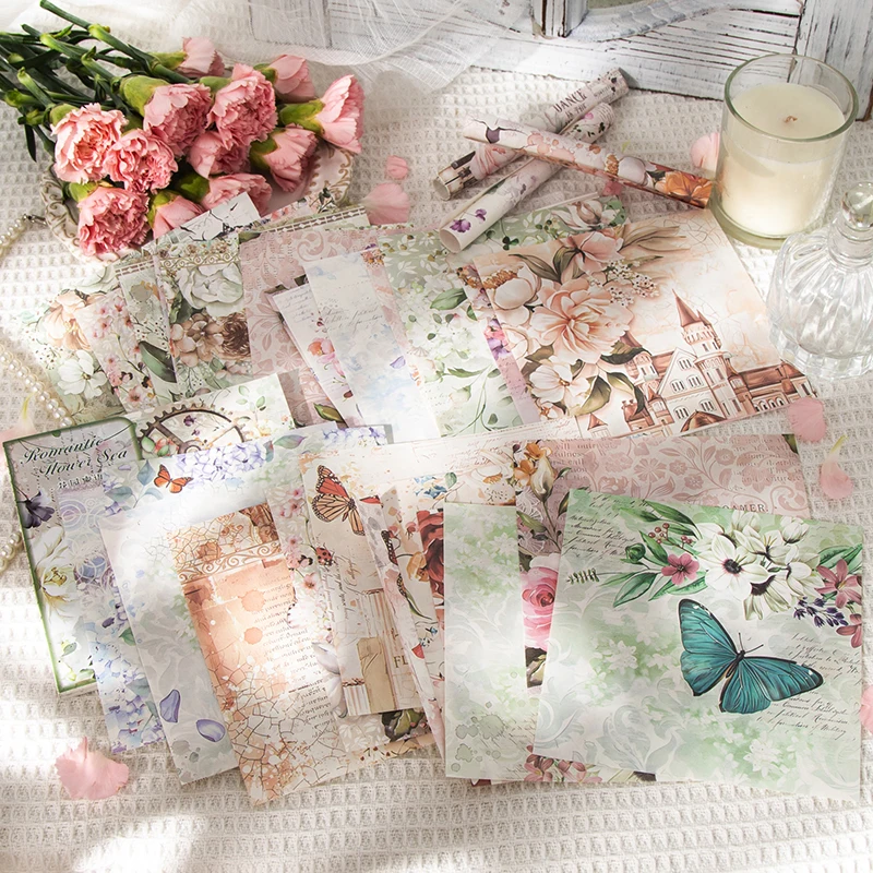 50 pcs Large size Vintage Background Paper Flowers Butterfly Material Decorative Retro Pose DIY Creative Collage Material Set