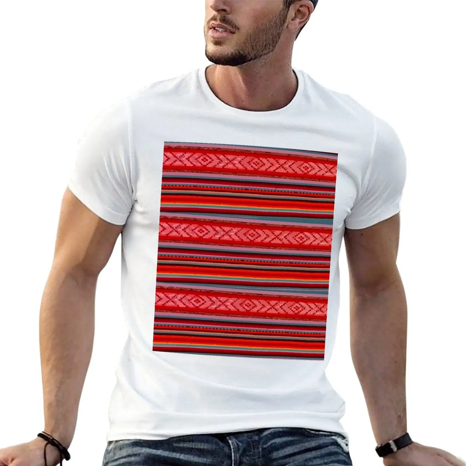 Bright red mexican stripes embroidered serape blanket rebozo T-Shirt Basic Short Sleeve Cotton Blend T-Shirt