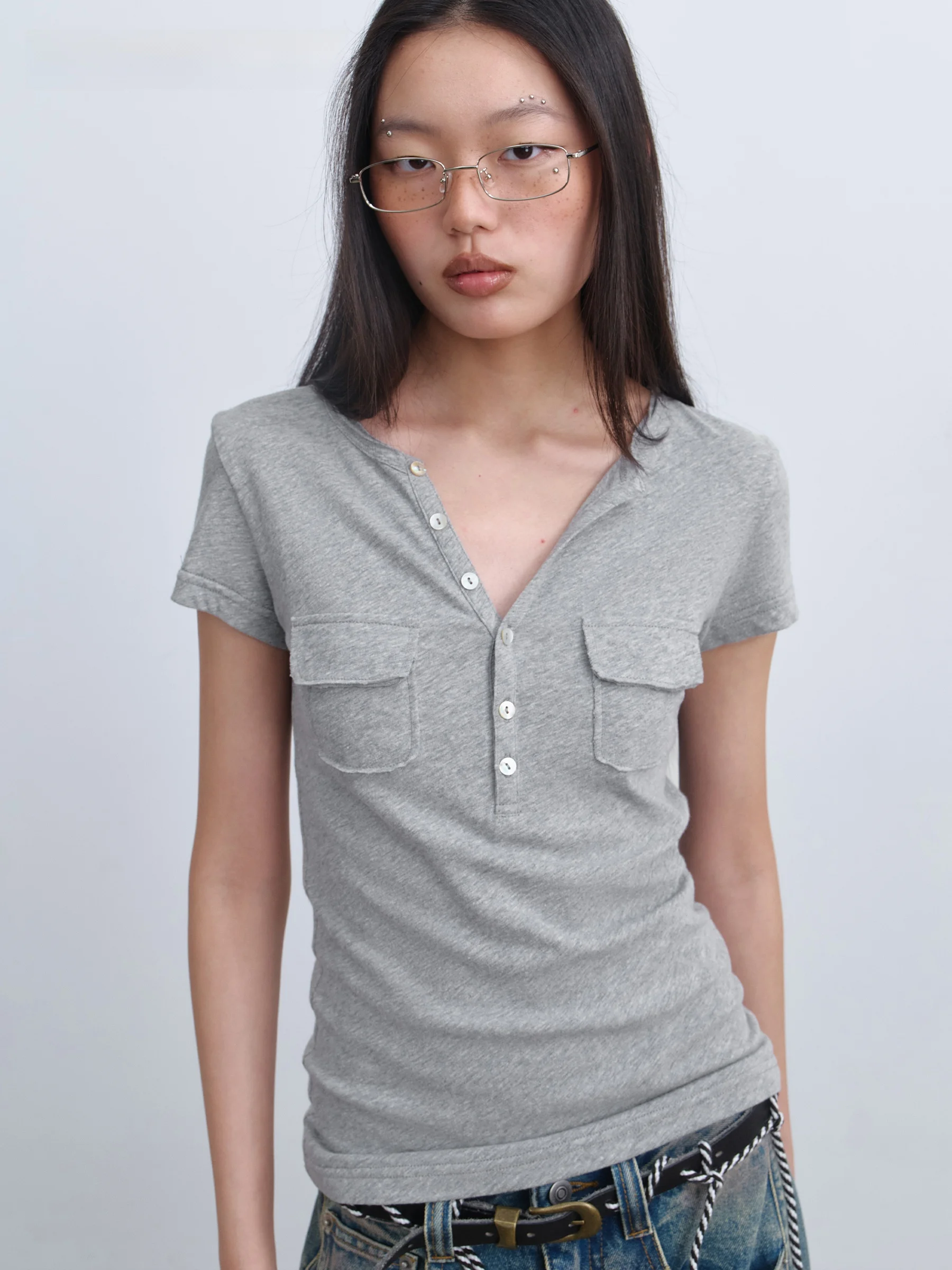

VERMO Comfortable Elastic Cotton Short Sleeve T-Shirt Vintage Washed Slim Fit Gathered Lightweight Women's Casual Top