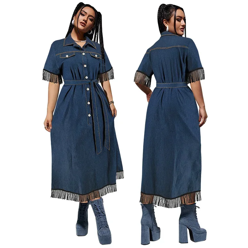 

Denim Dress Women Long Dresses Turn Down Collar Short Sleeve Tassel Y2k Streetwear Casual A Line High Waist Lace Up Vestidos
