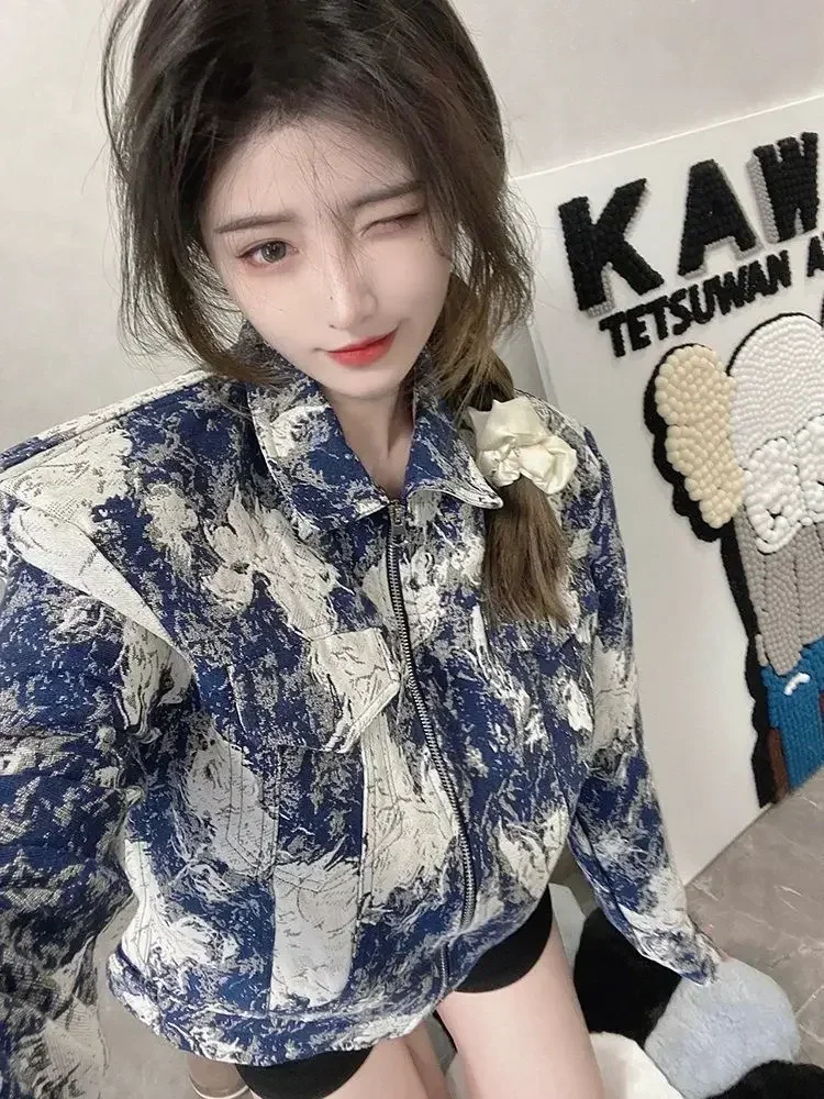 2025Ropa Mujer Tie-dye Frauen Jacken Streetwear Vintage Outwear Turndown Kragen Langarm Kausalen Mode Koreanische Y2k Mäntel