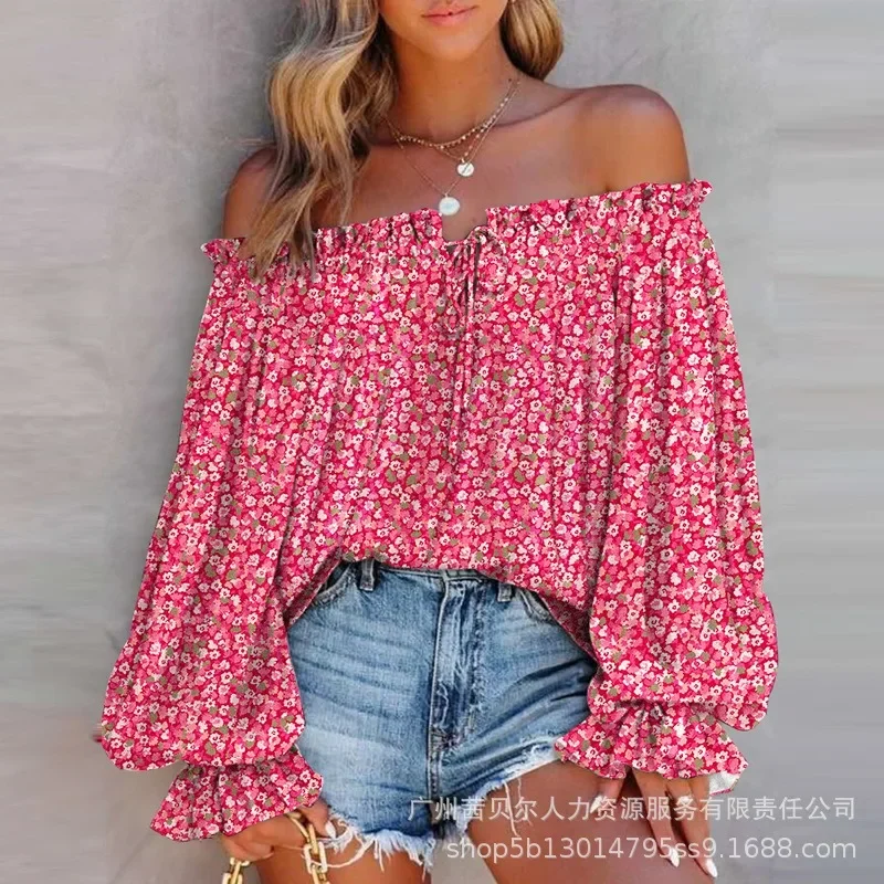 Women\'s Sexy Loose Print Pleated Blouse 2024 New Blouse Top Women\'s Fashion Flared Sleeves Off Shoulder Slash Neck Shirt