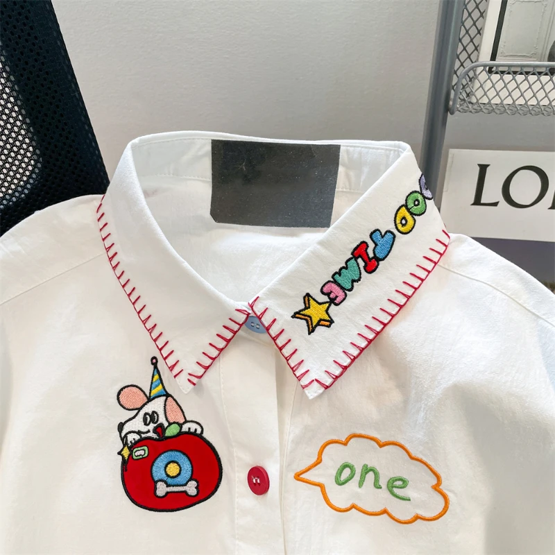 Japanese Peter Pan Collar Women Blouse Cartoon Embbroidery Sweet Preppy Shirs All Match Harajuku Casual Short Sleeve Tops Blusas