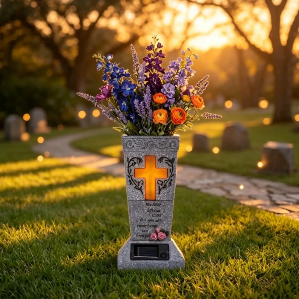 Resin Solar Light Grave Vase Outdoor Memorial Tomb Waterproof Elegant Garden Ornament For Tombside Commemoration Decorative