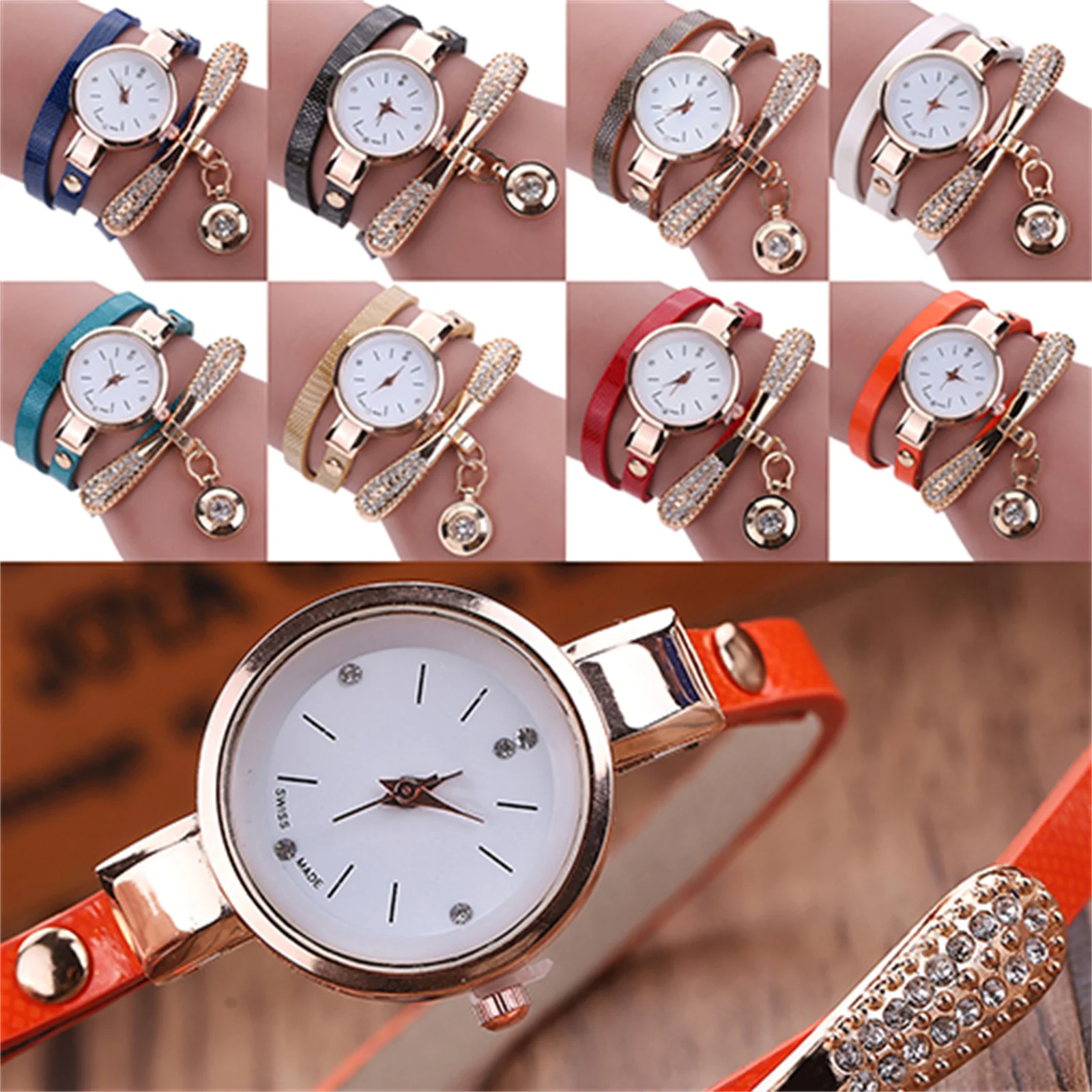 Women watch Fashion Multilayer Rhinestone Round Pendant Quartz Bracelet Wrist Watch montre femme Ladies Dress Watches Gif