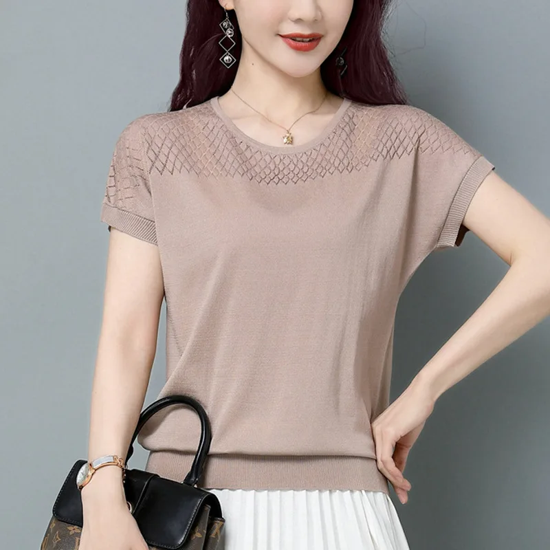 2023 Summer Women\'s Pullover Round Neck Hollow Solid Short Sleeve Tee T-shirt Fashion Casual Elegant Holiday Office Lady Tops