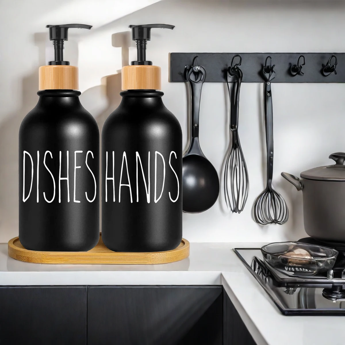 Dish and Hand Soap Dispenser Set Bamboo Pump Liquid Hand and Dish Soap Dispenser for Kitchen Bathroom Decor