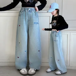 Wide Leg Jeans for Girls 2025 Autumn Pants for Kids Bow Embroidery Design Fashion Casual School Teenage Children Trousers 4-15Y