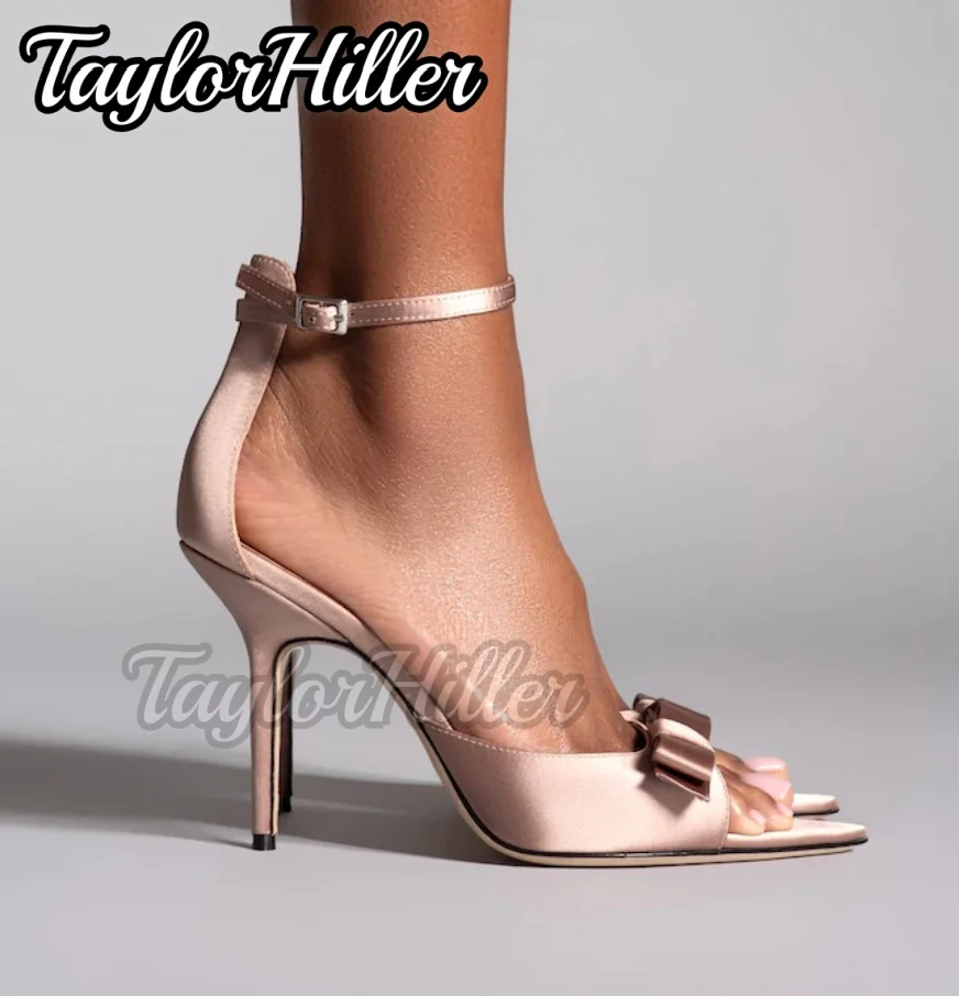 Gentle Pink Butterfly-knot High Heels Satin Pointy Toe Shallow Heeled Sandals Women Buckle Strap Spring Summer Shoes 2026 New view 6