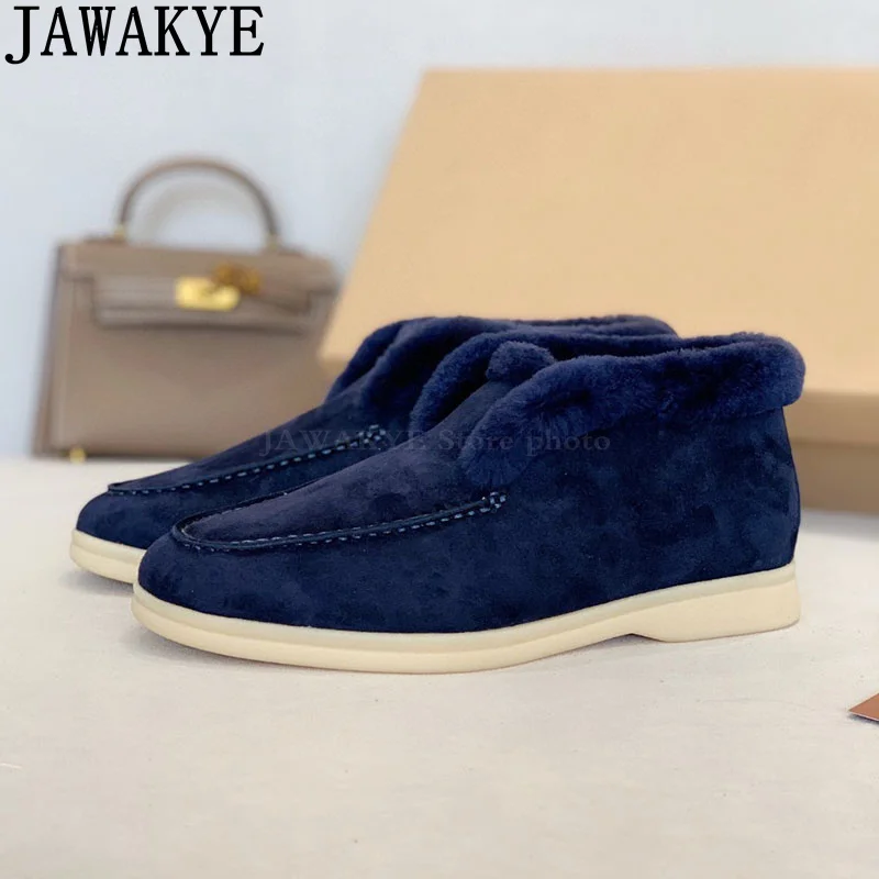 JAWAKYE Hot Sale Open Suede Flat Boots Women Nude Round Toe Wool Collar Designer Short Boots Winter Classical Famous Brand Boots