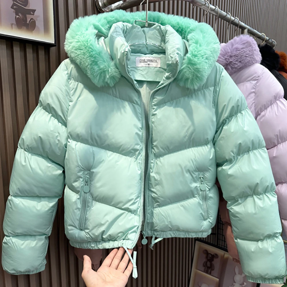 

Women Winter Down Cotton Jackets Fashion Fluffy Fur Collar Hooded Cotton Coats Casual Loose Solid Thick Warm Short Parkas