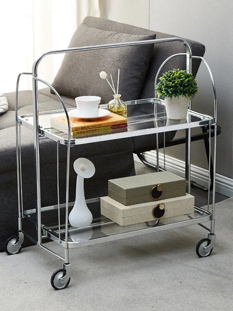 Kitchen Trolley Glass Shelving Movable Nordic Furniture Multi-layer Shelf Torage Rack Edside Cabinet Stainless Steel