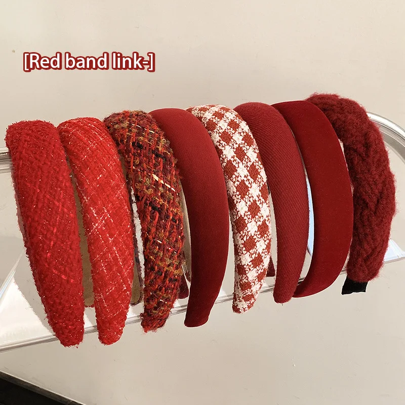 Vintage Red Women‘s Headband Woolen Velvet Hair Bands Headwear Korean Girl Side Sponge Hair Hoop Christmas Day Hair Accessories