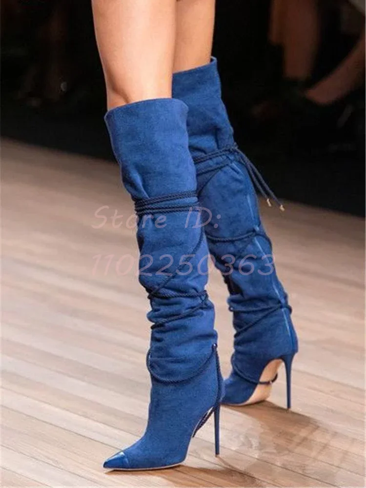 

Denim Blue Lace-up Stilettos Boots Solid Pointed Toe Cross-tied Thin High Heel Knee-high Boots 2025 Women's New Fashion Shoes