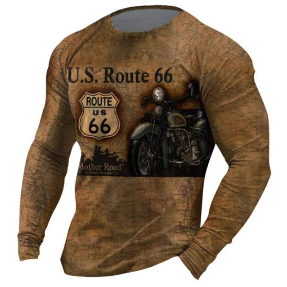 Vintage Motorcycle T-shirts For Men 3D Long Sleeve Route 66 Letter Print Biker T Shirt casual Oversize Tee Shirt Men Clothing